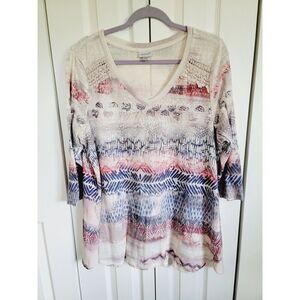 Avenue 18/20 Tunic Shirt V Neck Southwest Swing Top 3/4 Sleeve Beaded Tan Red Bk